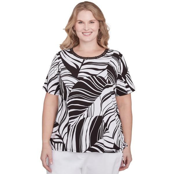 Alfreddunner Leave Print Short Sleeve Cotton Shirt (US, Alpha, 1X, Plus, Regular, Plus Size, Black/White)