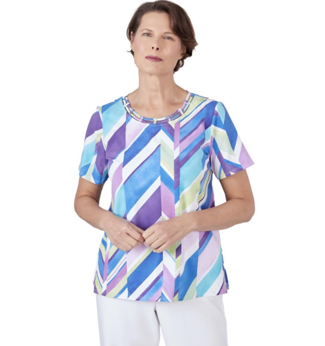 Alfred Dunner Cotton Chevron Multi Colored Short Sleeve Top (US, Alpha, Medium, Regular, Regular, Standard, Multi)