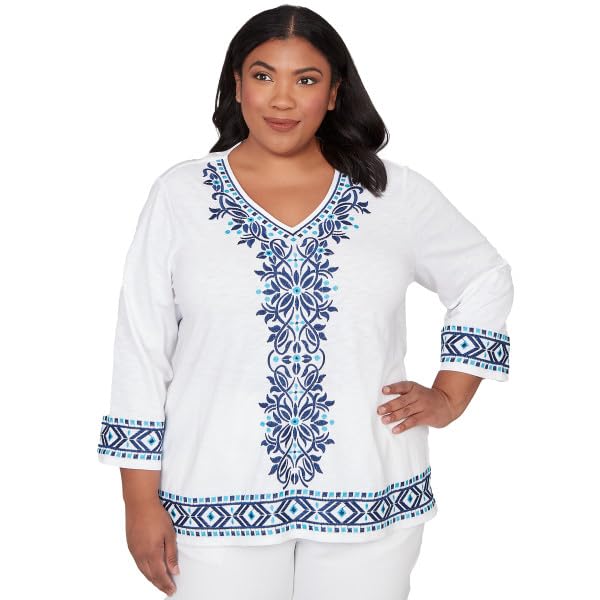 Alfred Dunner Mykonos Scroll Center Embroidery Cotton/Poly Top