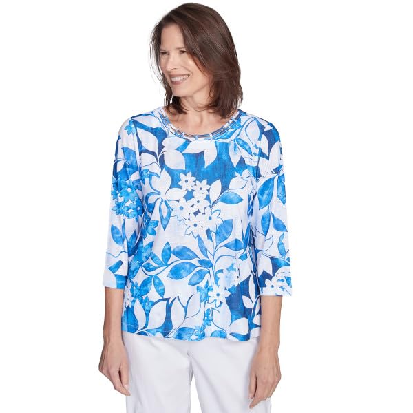 Alfred Dunner Parrot Cay Polyester Floral Top (US, Alpha, Large, Regular, Regular, Standard, Cobalt Multi)