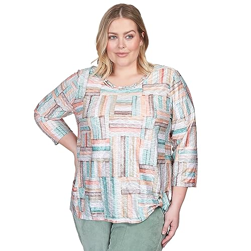Alfred Dunner Women's Plus-Size Texture Stripe Patchwork Side Grommet Top Size 1X Multi