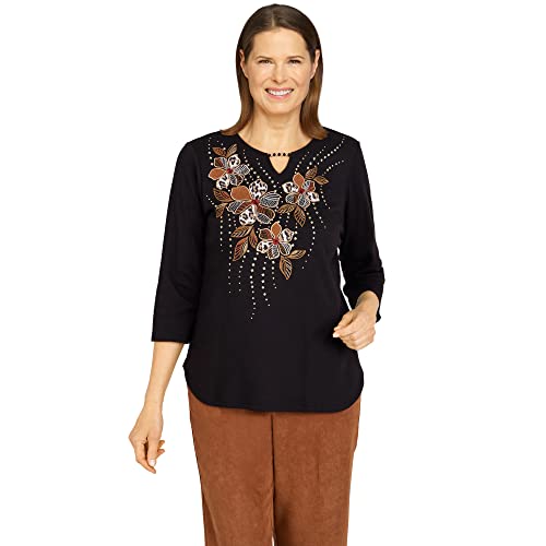 Alfred Dunner Women's Petite Womens Beaded Split Neck 3/4 Sleeve Top Size PS Black