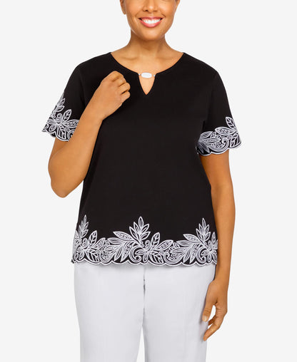 Alfred Dunner Women's Scallop Floral Embroidered Border Knit Top