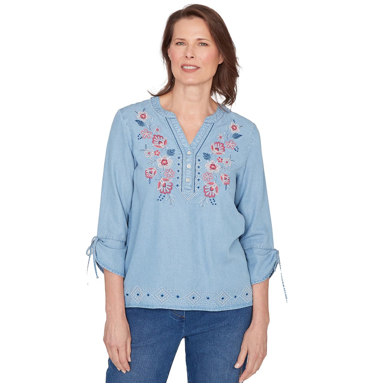 Alfred Dunner Austin Floral Embroidered Tie Sleeve Henley Top