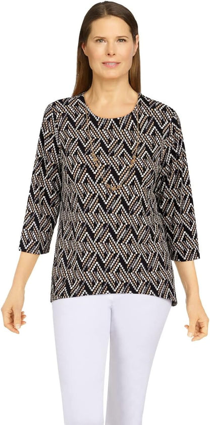 Alfred Dunner Classic Black Tan Polyester Top with Sharkbite Medium weightHems (as1, Alpha, m, Regular, Regular, Standard, Multi)