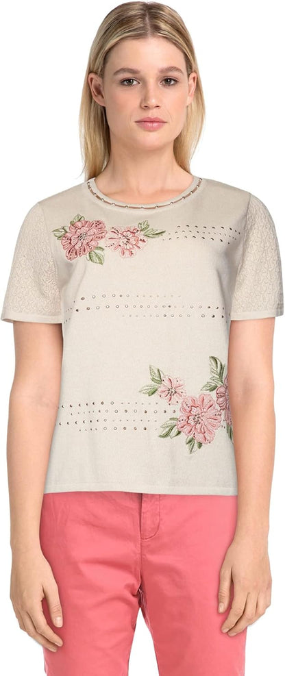 Alfred Dunner Women's Springtime in Paris Embroidered Flowers Short Sleeve Sweater - Plus, Oatmeal, 2X