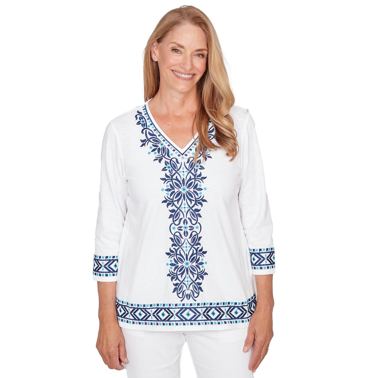 Alfred Dunner Women's Scroll Embroidered V Neck Top