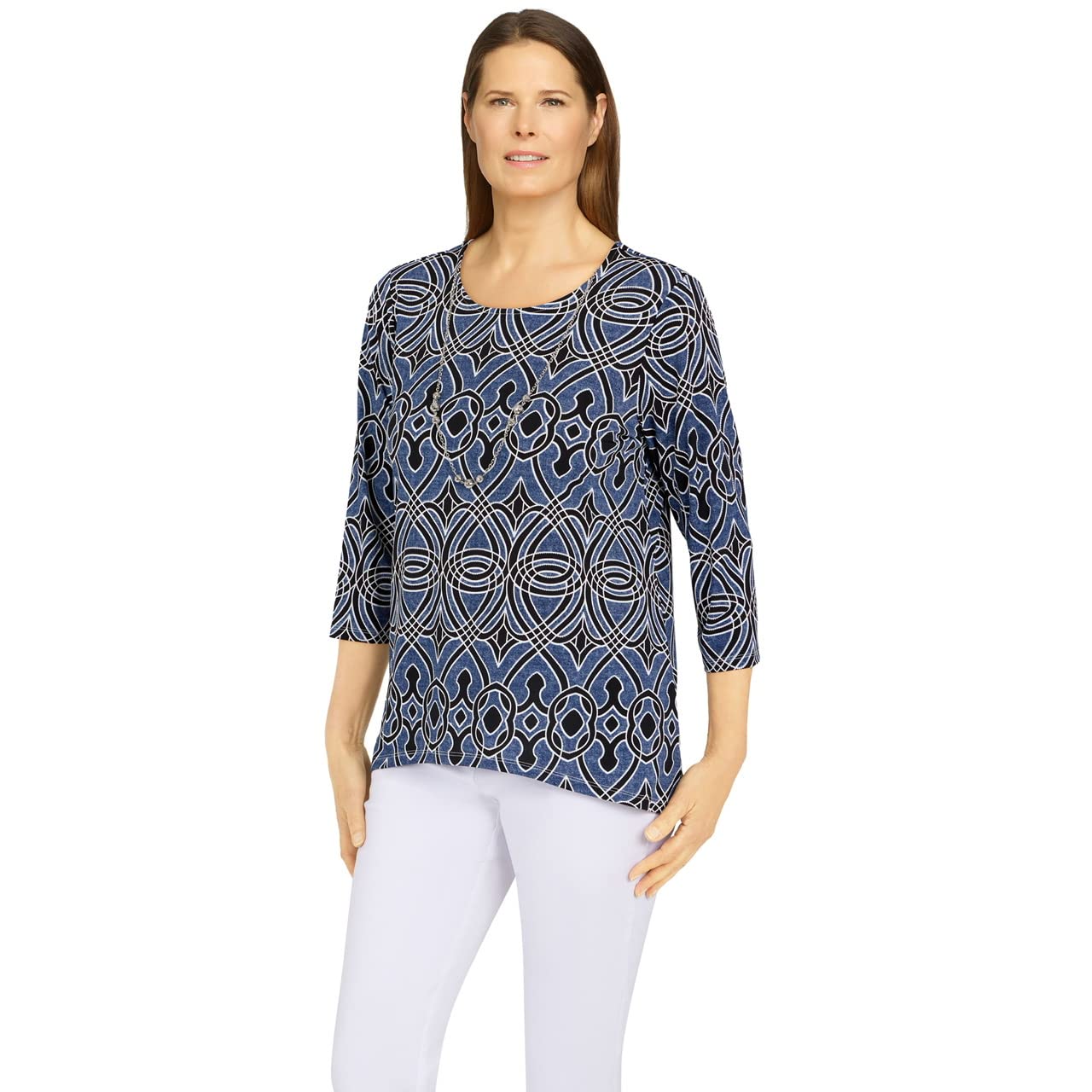 Alfred Dunner Black/Navy Swirl Polyester Top with Sharkbite Hem