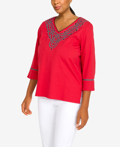 Alfred Dunner Women's Embroidered V-Neck 3/4 Sleeve Top