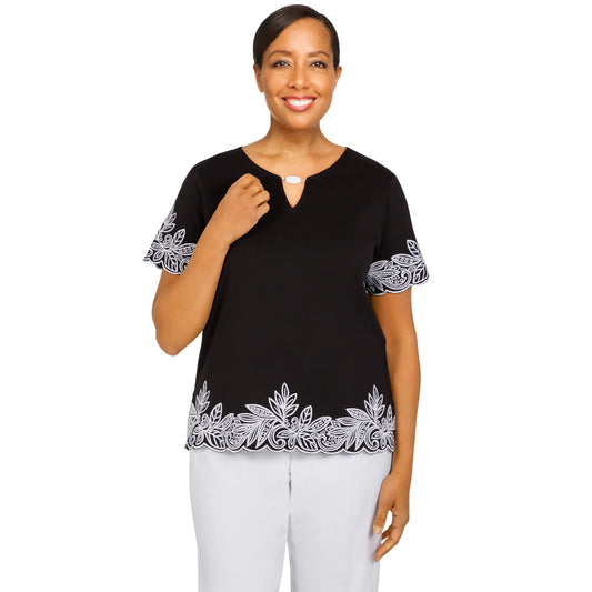 Alfred Dunner Women's Scallop Floral Embroidered Border Knit Top