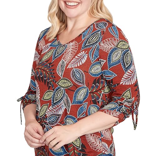 Alfred Dunner Women's Petite Batik Leaves Melange Asymmetrical Top Size PXL Spice Multi
