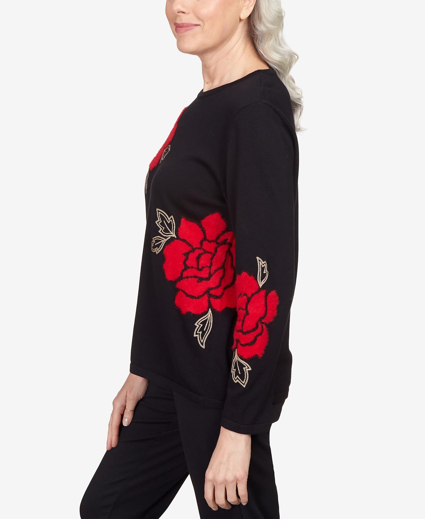 Alfred Dunner Park Place Black Knit Floral Sweater