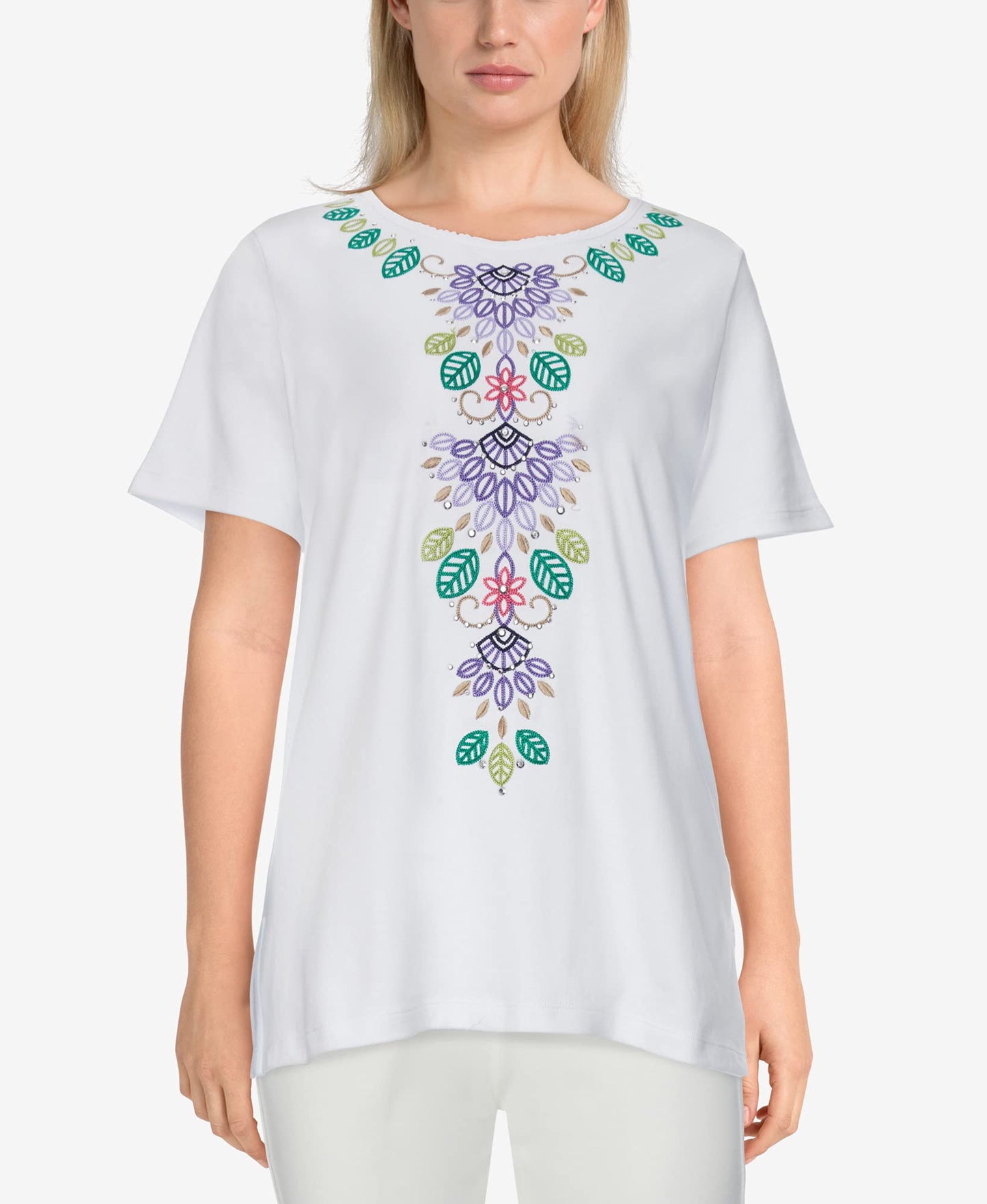 Alfred Dunner Women's Leaf Embroidered Short Sleeve Soft Knit Top