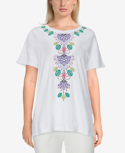 Plus Size Savannah Leaf Embroidered Short Sleeve Top