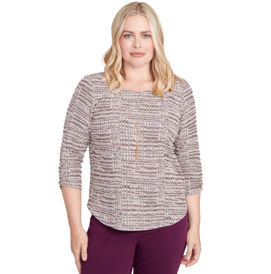 Alfred Dunner Women's Petite Textured Shimmer Space Dye Top with Necklace Size PXL Plum Multi