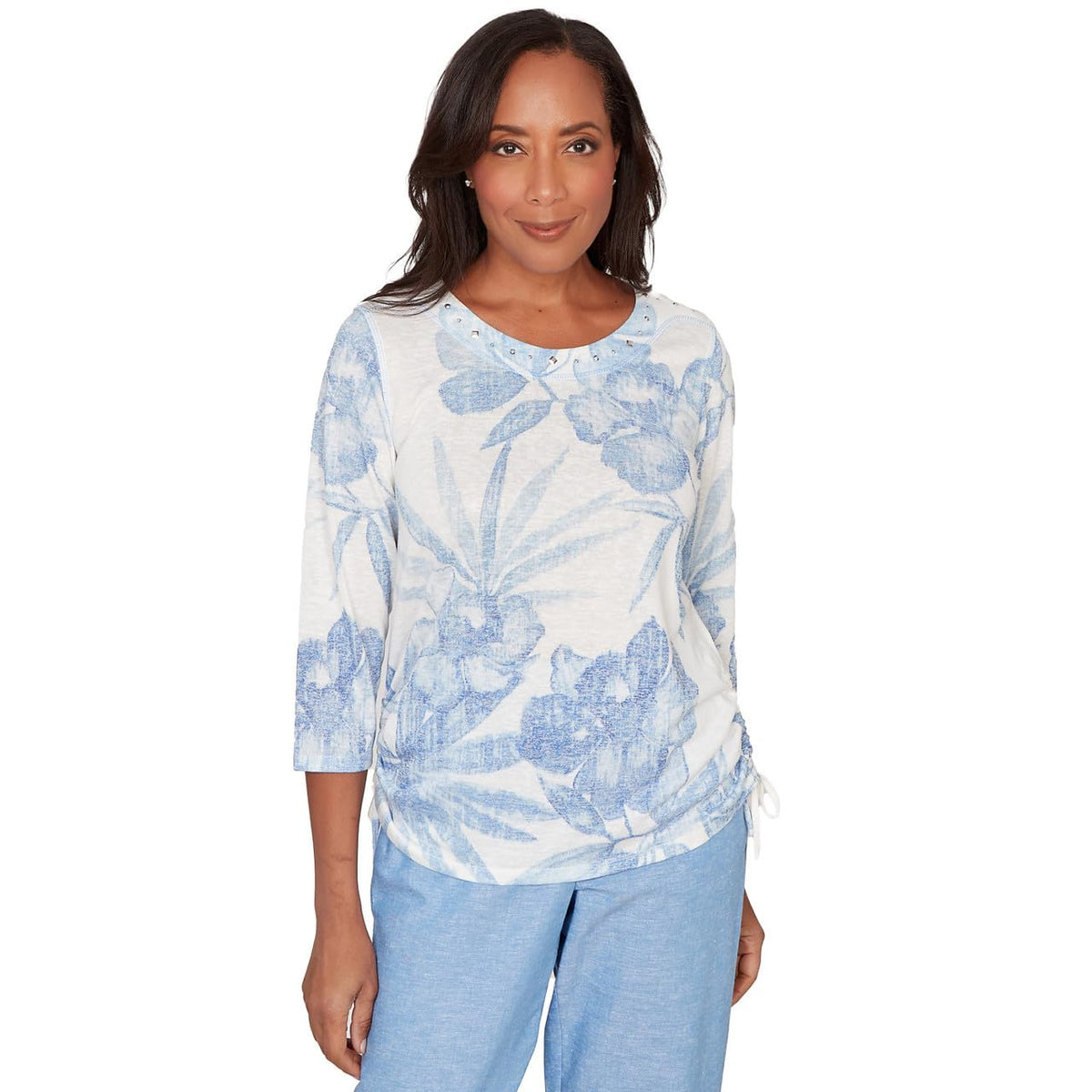 Alfred Dunner Women's Monotone Dramatic Floral Tropical Top, Size S, Ocean Blue