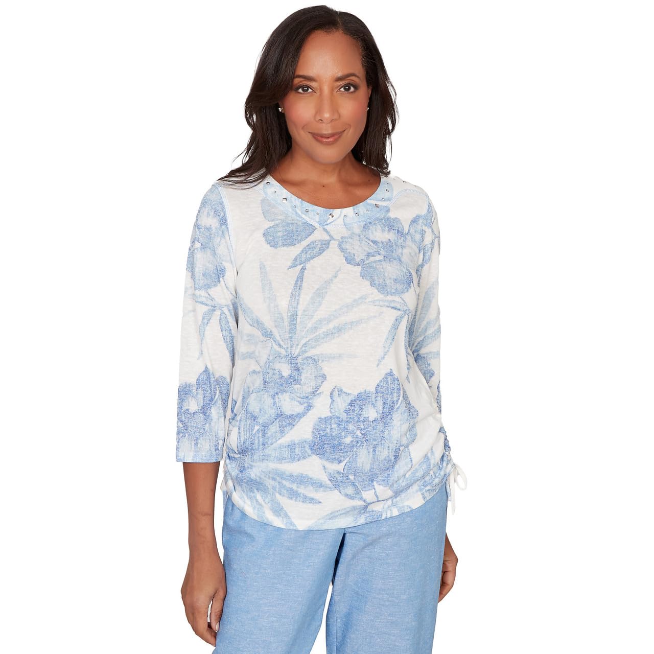 Alfred Dunner Women's Monotone Dramatic Floral Tropical Top, Size L, Ocean Blue