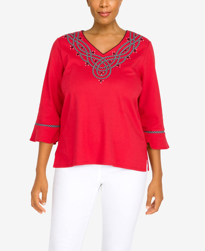 Alfred Dunner Women's Embroidered V-Neck 3/4 Sleeve Top