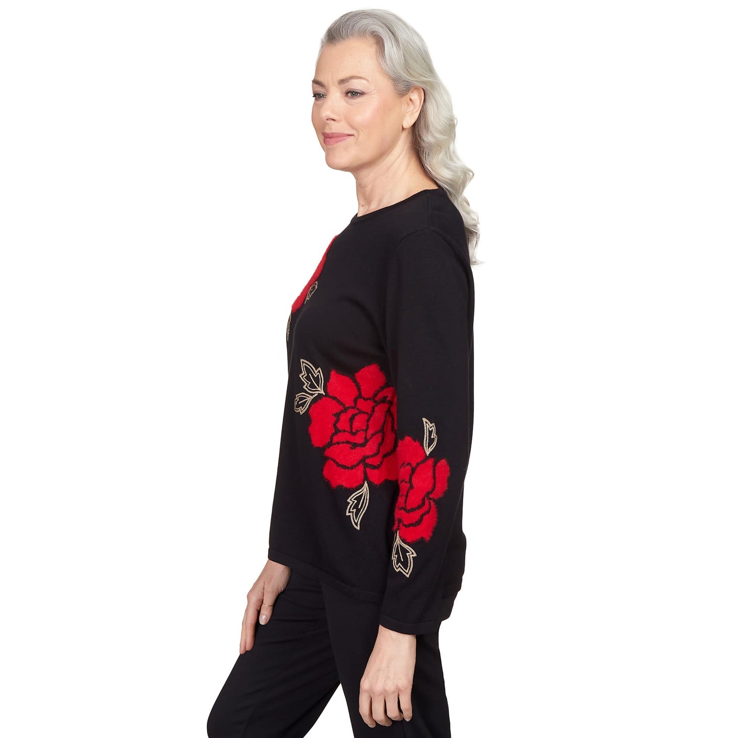 Alfred Dunner Park Place Black Knit Floral Sweater