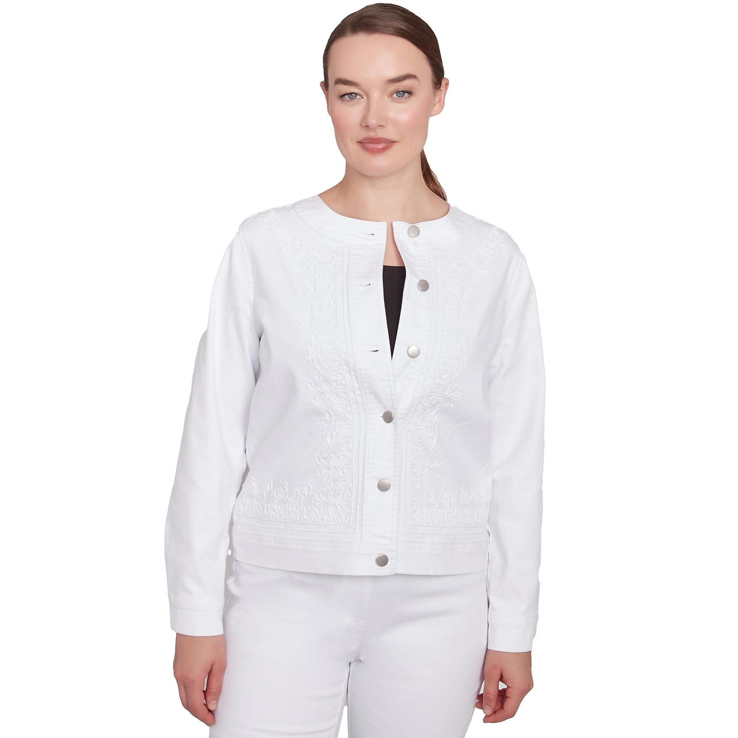 Ruby Rd. Denim Embroidered Short Jacket Runs Genirouse (US, Numeric, 14, Regular, Short, Standard, White)