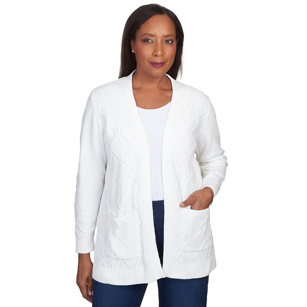 Alfred Dunner Women's Petite Chenille Long Open Cardigan Size PS Ivory