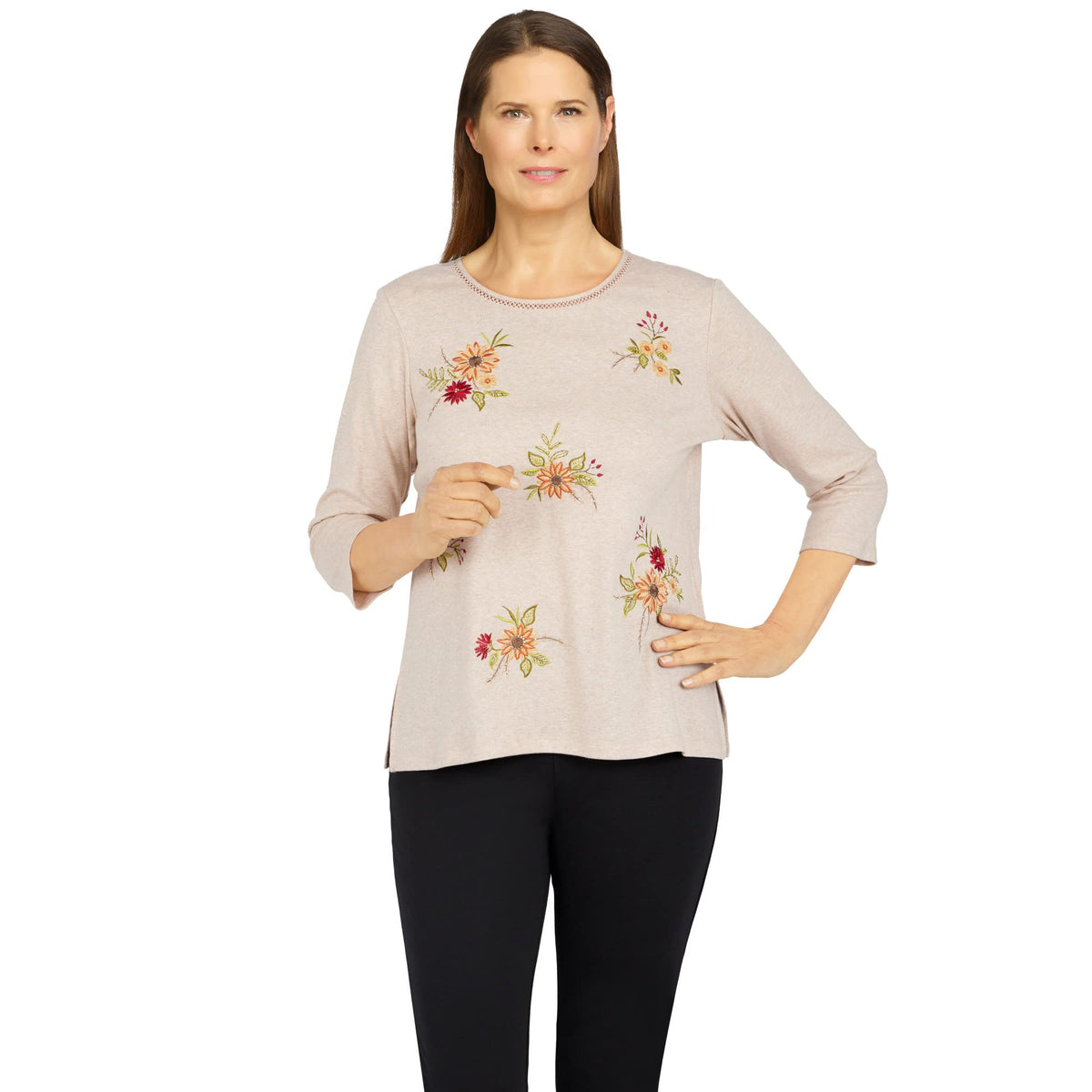 Alfred Dunner Women's Tossed Floral Top Size S Oatmeal Heather