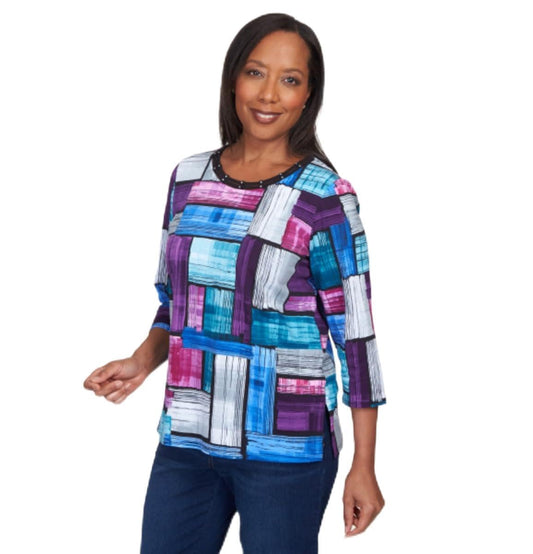 Alfred Dunner Colorblock Cotton Top 3/4 Sleeve with Jewel Neck