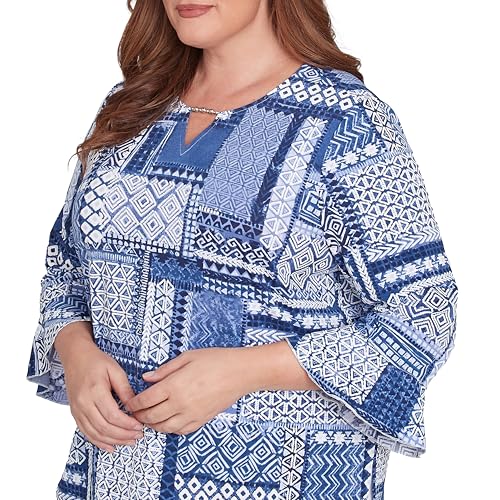 Alfred Dunner Women's Beaded Split Neck Patchwork Top Size S Denim