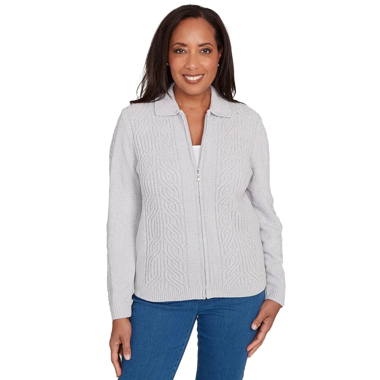 Alfred Dunner Women's Petite Zip-Front Chenille Collared Cardigan (Medium, Gray)