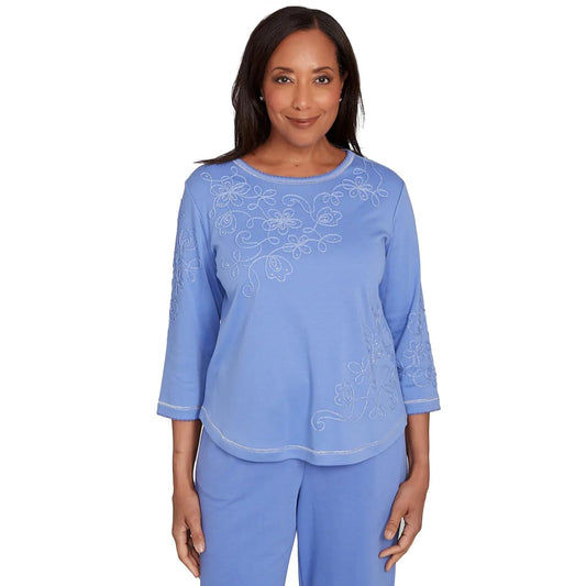Alfred Dunner Women's Asymmetrical Floral Embroidered Detail Top Size XL Iris