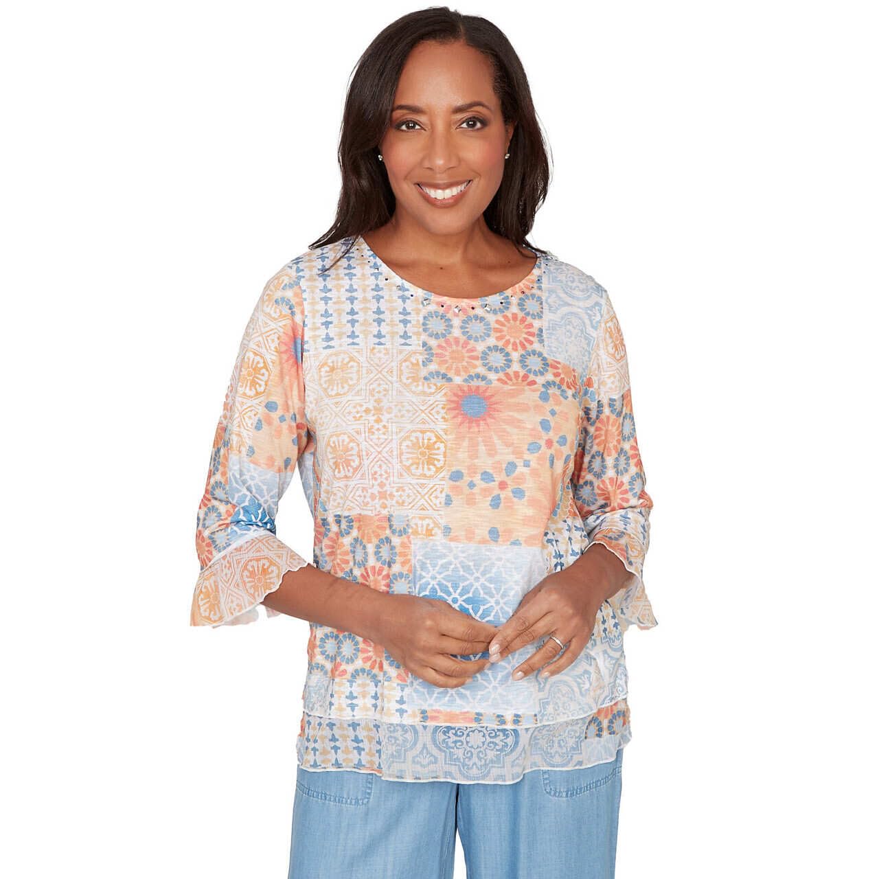 Alfred Dunner Women's Patchwork Medallion Ruffle Sleeve Top, Size XL, Blue Multi