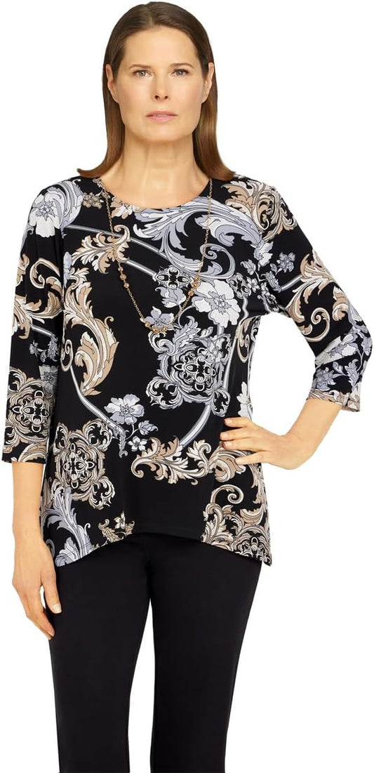 Alfred Dunner Classic Floral Polyester Top with Sharkbite Hems