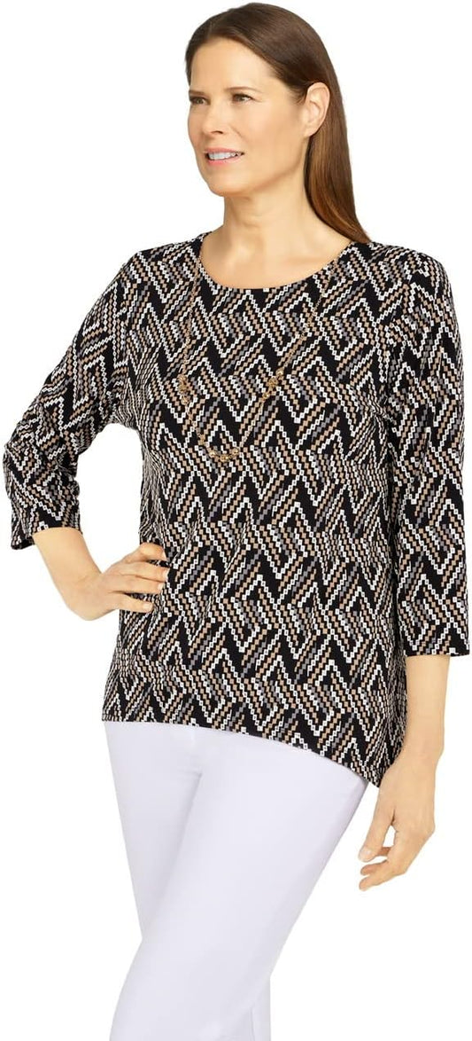 Alfred Dunner Classic Black Tan Polyester Top with Sharkbite Medium weightHems (as1, Alpha, m, Regular, Regular, Standard, Multi)