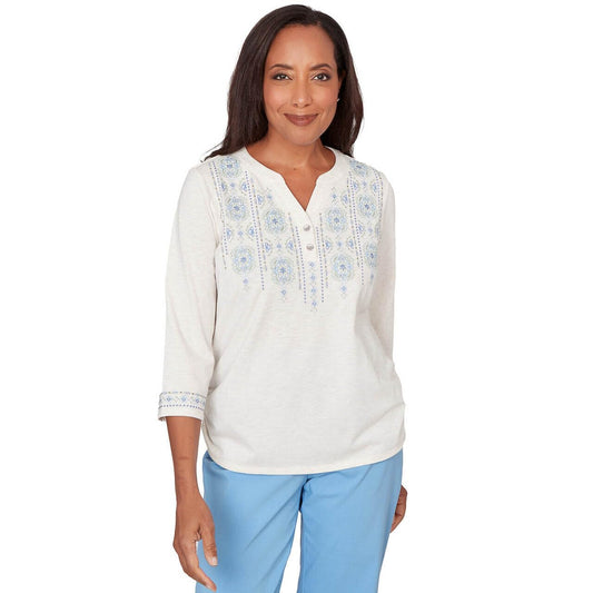 Alfred Dunner St. Augustine Women's Medallion Embroidered Ruched Henley Top Small Petite Blue Multi