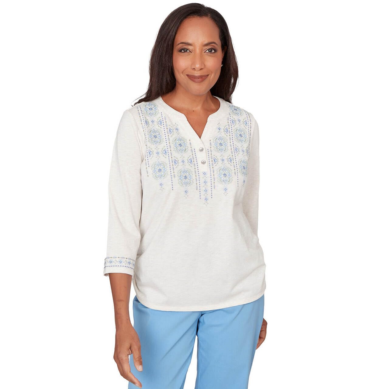 Alfred Dunner St. Augustine Women's Medallion Embroidered Ruched Henley Top Medium Petite Blue Multi