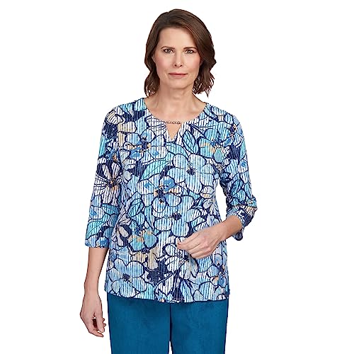 Alfred Dunner Women's Stripe Floral Beaded Split Neck Top Size L Denim
