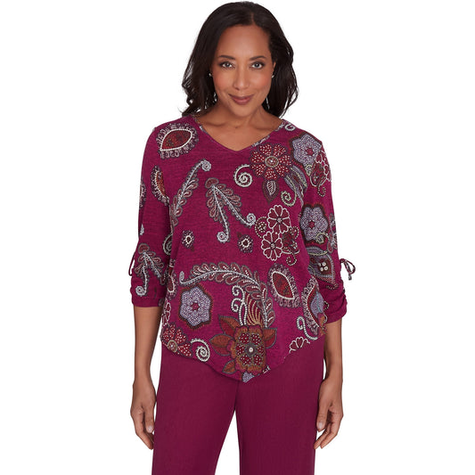 Alfred Dunner Womens Floral Paisley Drawstring Sleeves V-Neck Top