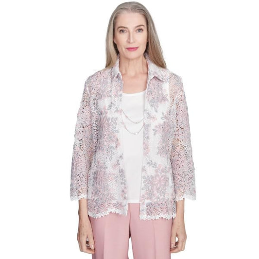 Alfred Dunner Women's Estate of Mind Floral Lace Two In One Top With Necklace