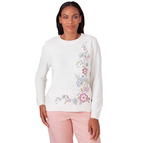 Alfred Dunner Swiss Chalet Chenille Sweater Ivory Crew Neck Long Sleeve Size Petite Small