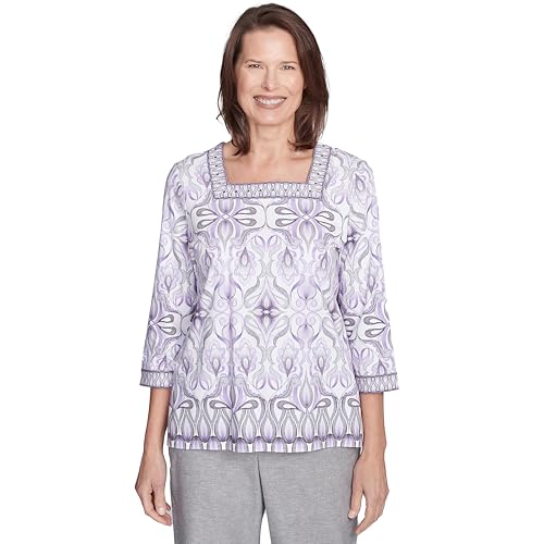 Alfred Dunner Crystal Springs Multicolor Square Neck and Border Medallion Cotton Top