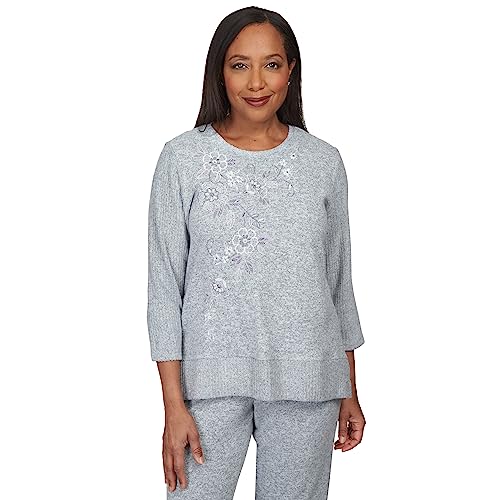 Alfred Dunner Comfort Zone Floral Embroidered Ribbed Sleeve with Slit Hem Knit Top (US, Alpha, Small, Regular, Petite, Petite, Grey)