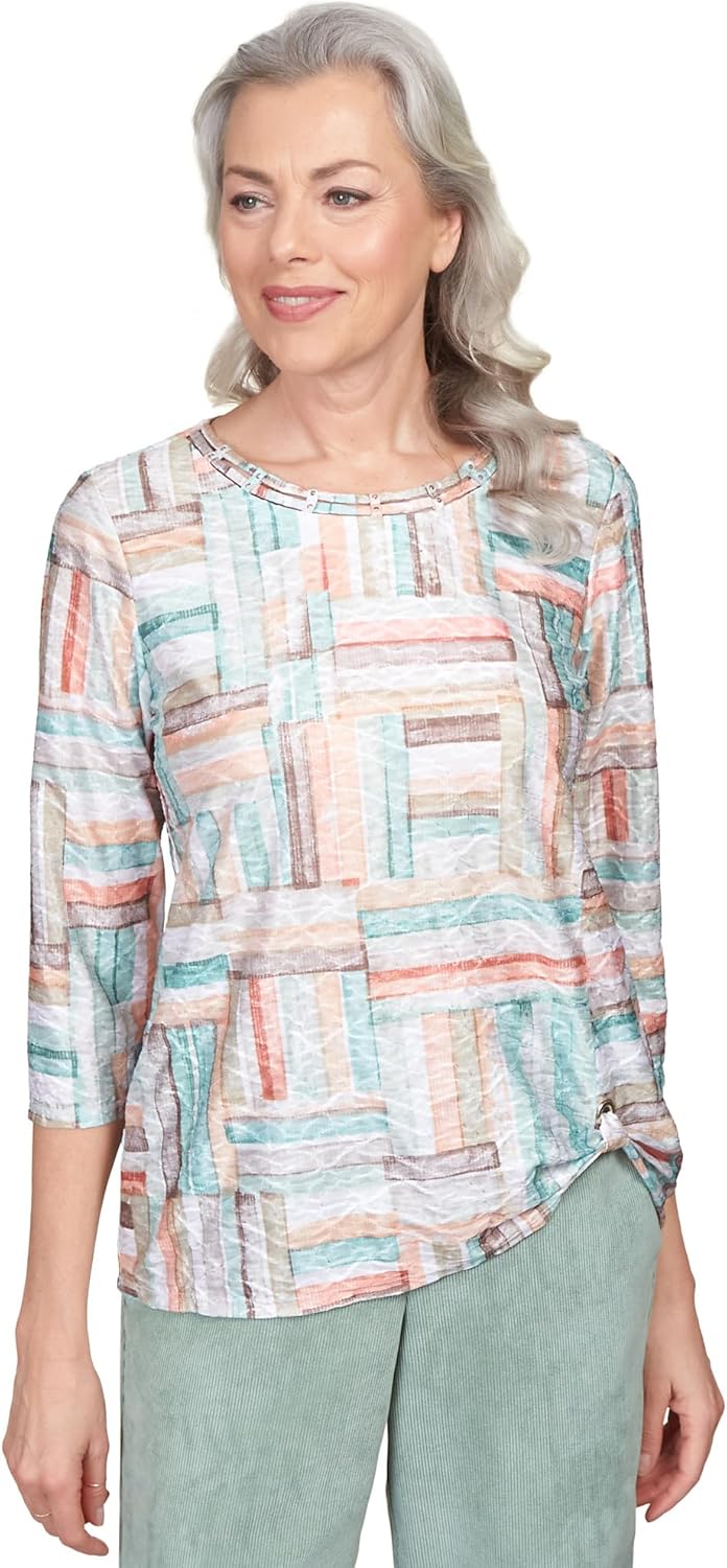 Alfred Dunner Women's Texture Stripe Patchwork Side Grommet Top Size XL Multi