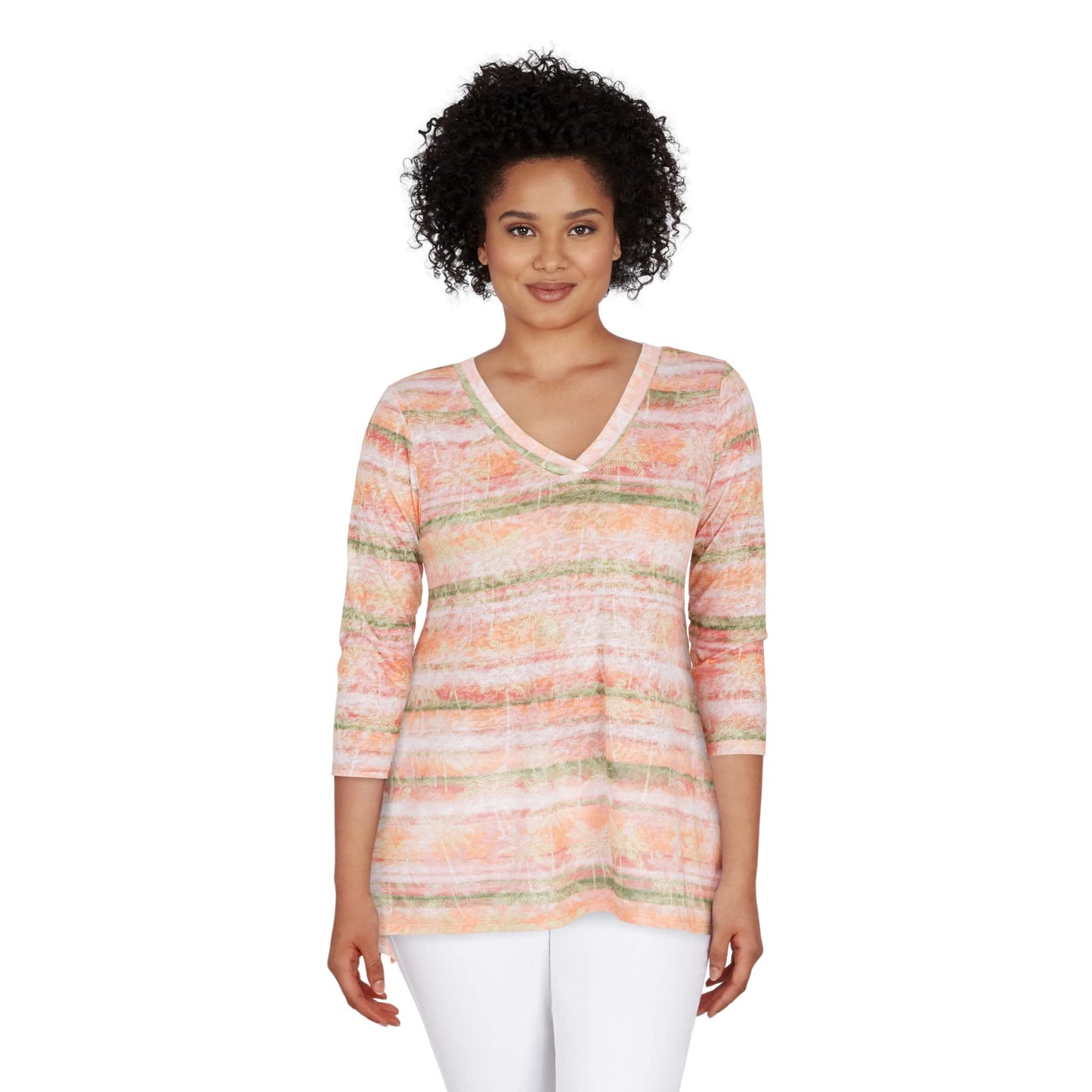 Ruby Rd. Women's Embellished Tropical Stripe Burnout Top