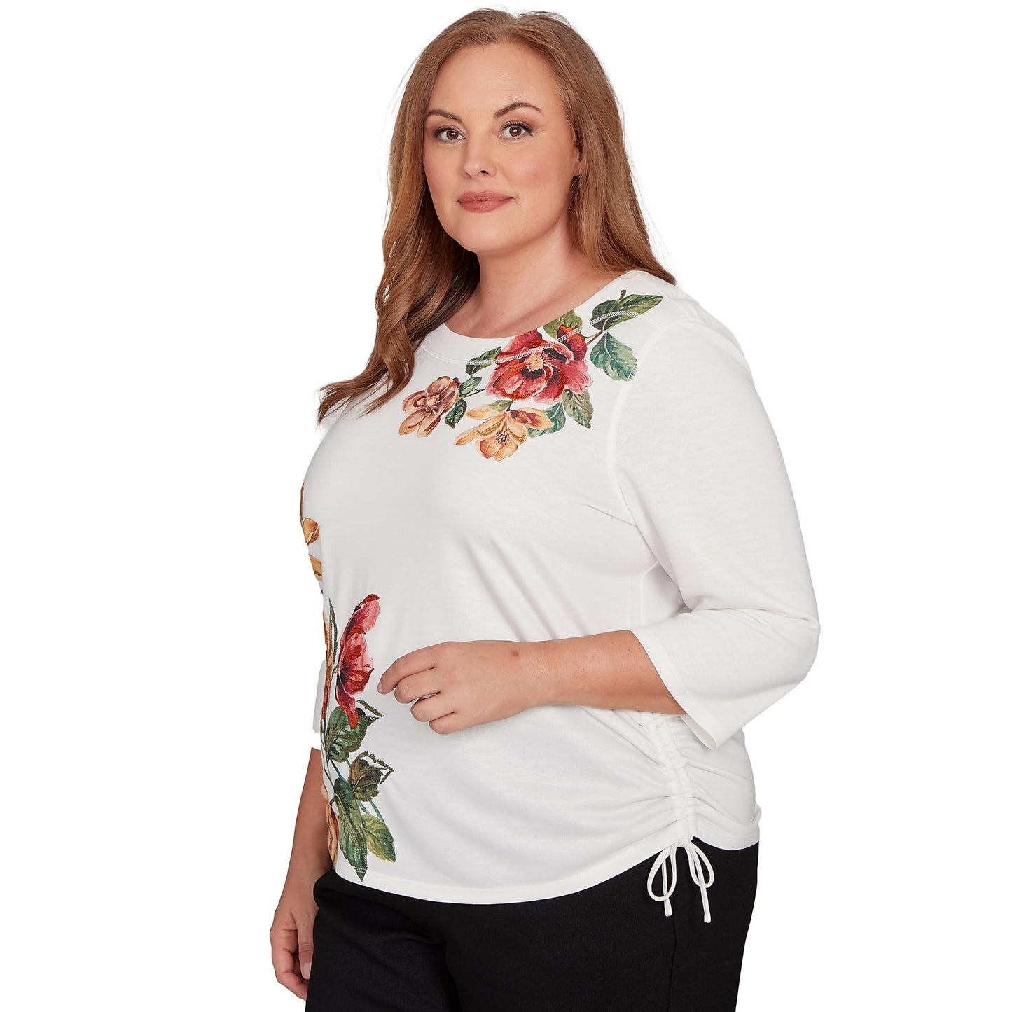 Alfred Dunner Women's Plus-Size Asymmetric Floral Side Tie Top Size 1X Ivory