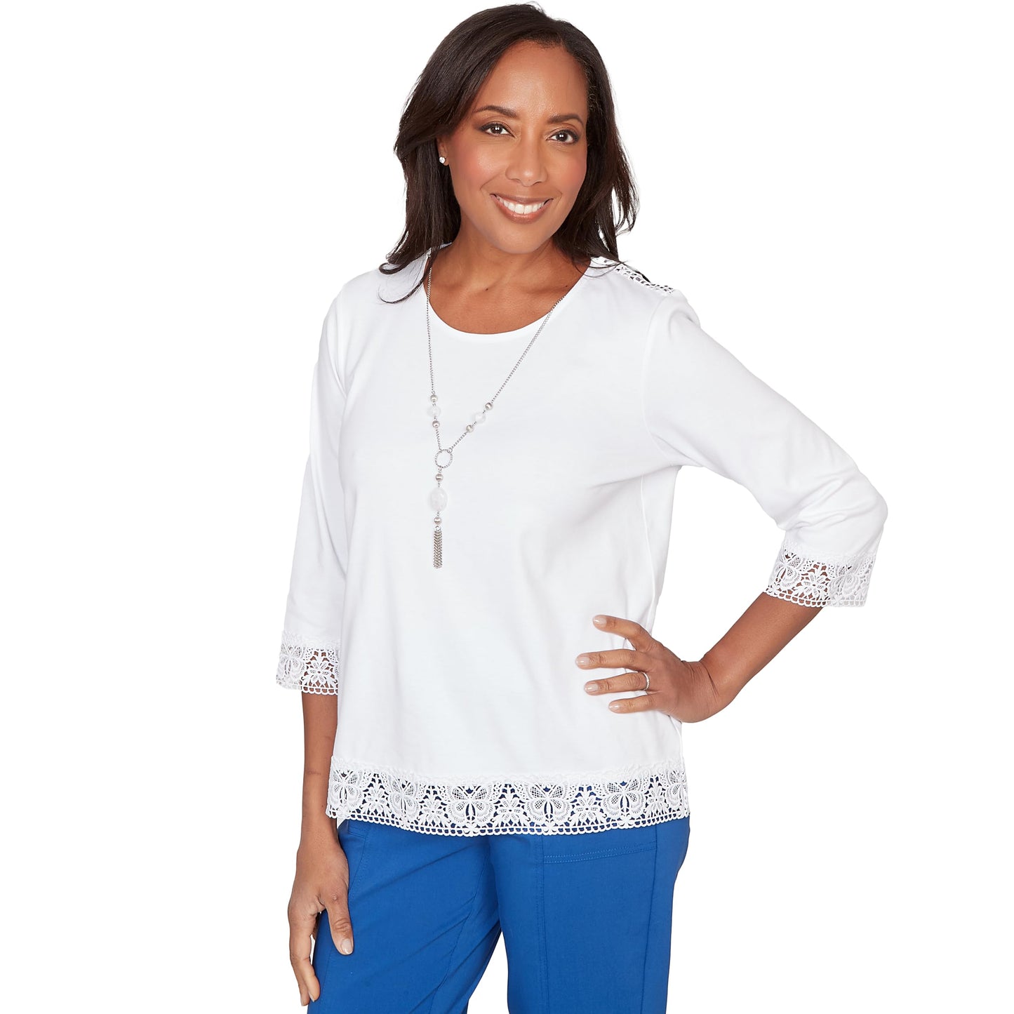 Alfred Dunner Women's Embellished Lace Trim Top with Necklace