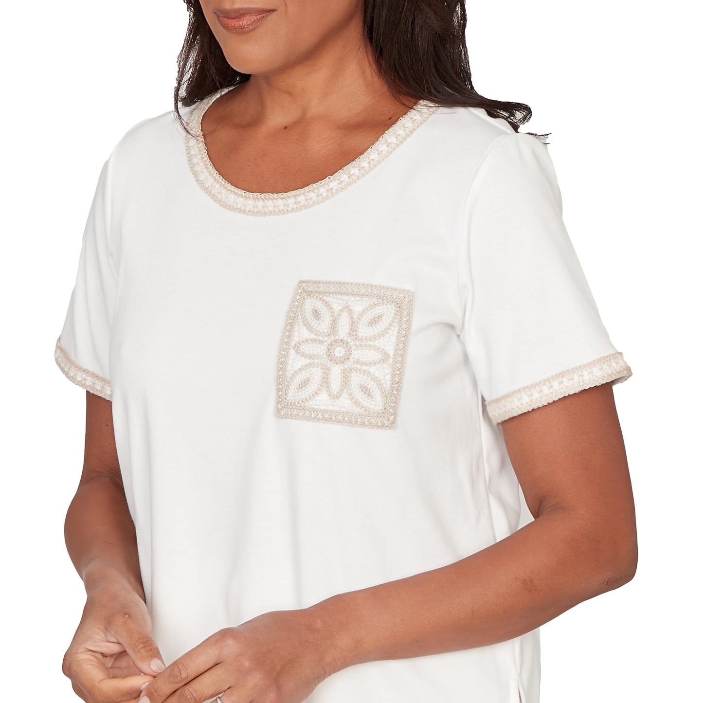 Alfred Dunner Women's Crochet Pocket Short Sleeve Tee