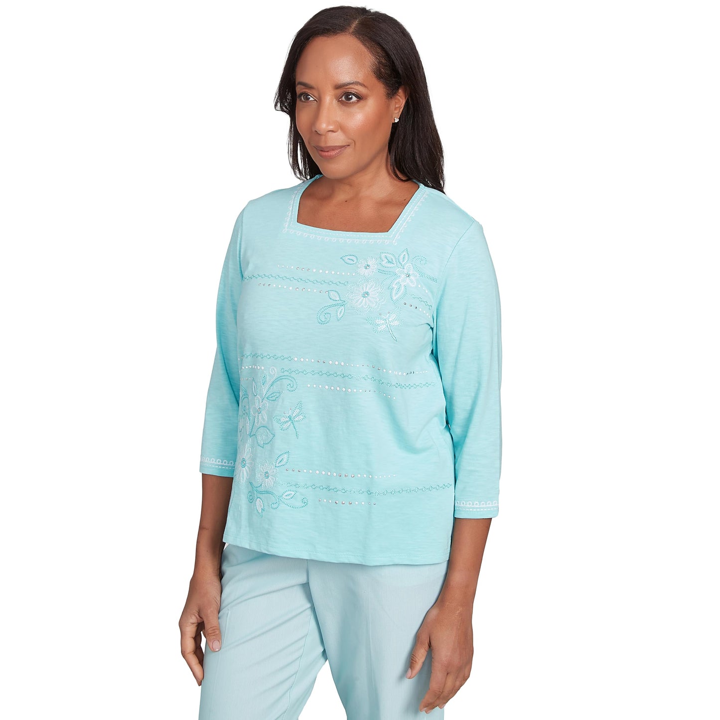 Alfred Dunner Dragonfly Floral Asymmetric Embroidery Cotton/Polyester (US, Alpha, X-Large, Regular, Petite, Petite, Mint)