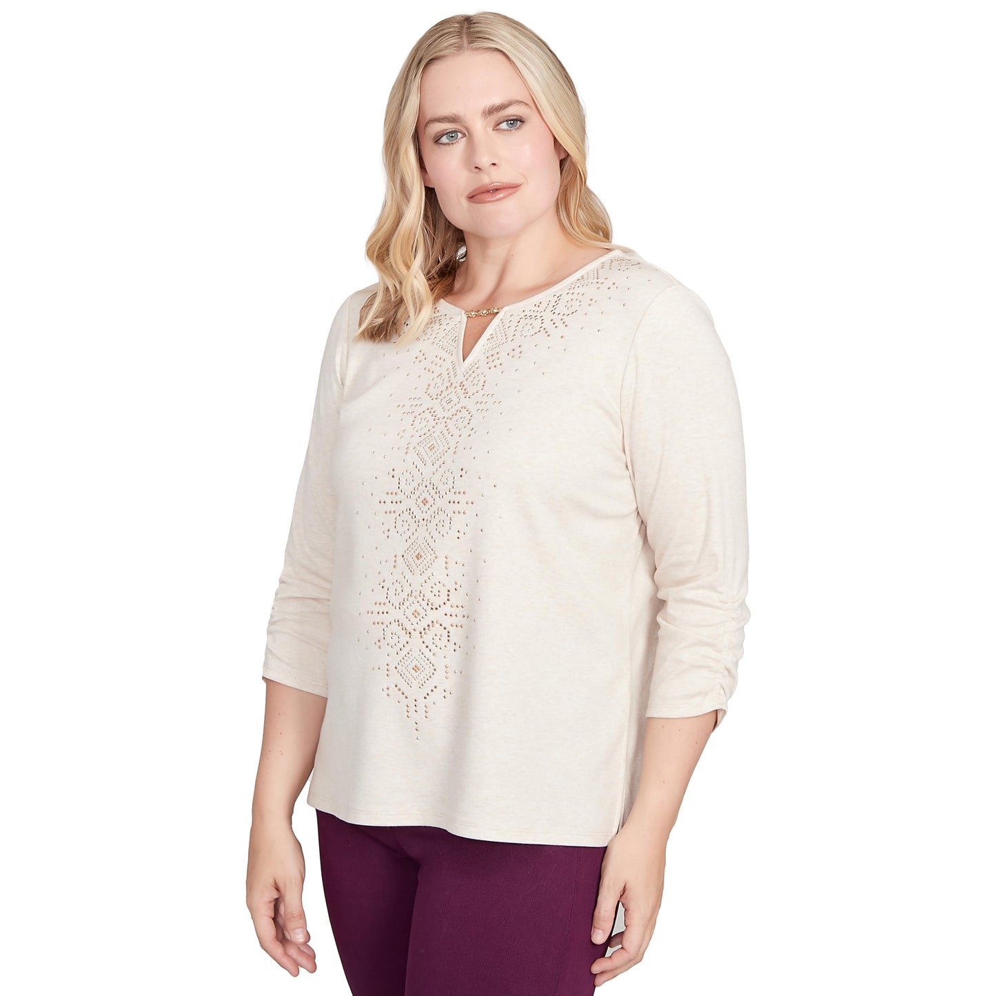 Alfred Dunner Women's Center Embellished V-Neck Top Size XL Stone