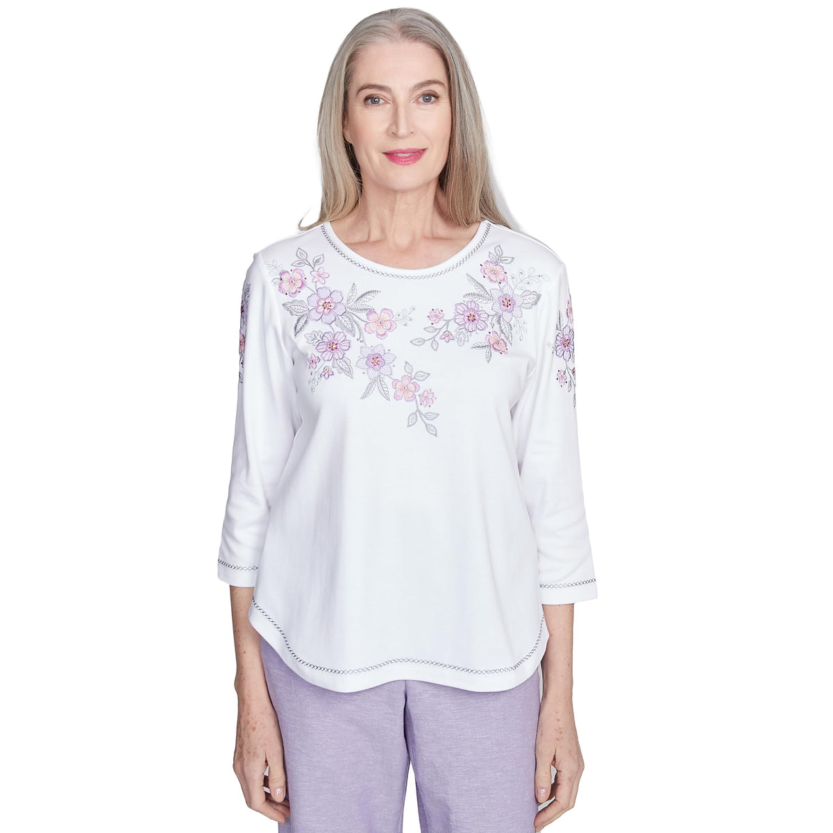 Alfred Dunner Embroiled Flower Yoke Cotton/Polyester (US, Alpha, Large, Regular, Petite, Petite, White)