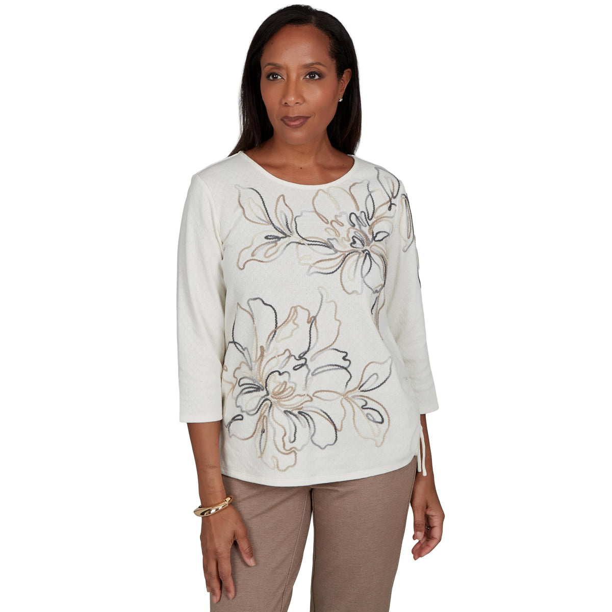 Alfred Dunner Women's Floral Soutache Outline Top, Ivory, S